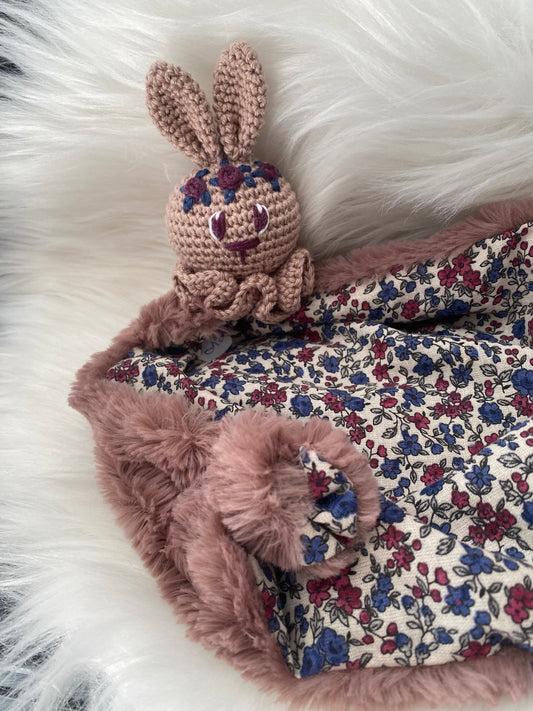 Doudou Lapin "COLLINE", fausse fourrure et coton fleuri
