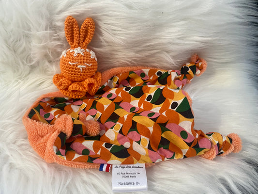 Doudou Lapin "COLLINE", coton et fibre de bambou orange vintage