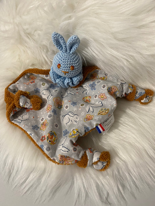 Doudou Lapin "COLLINE", coton fleuri avec lapins