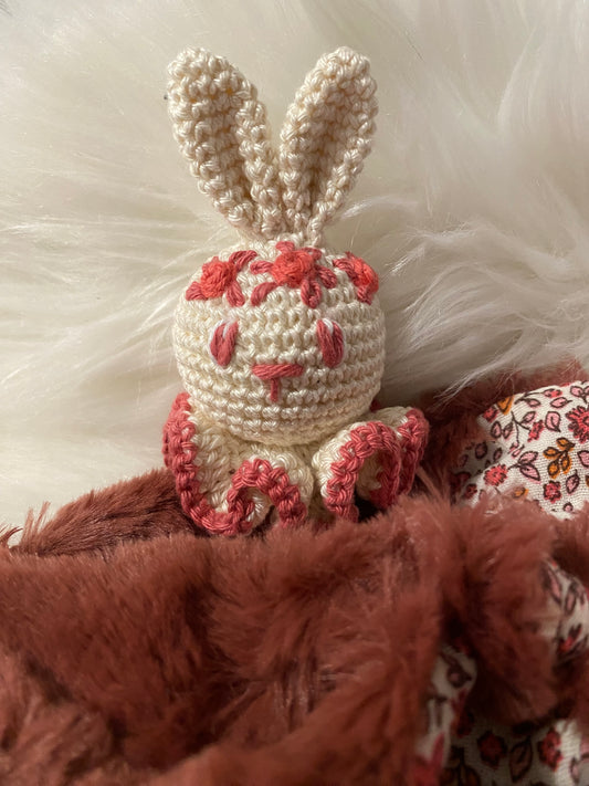 Doudou Lapin "COLLINE" fausse fourrure et coton fleuri