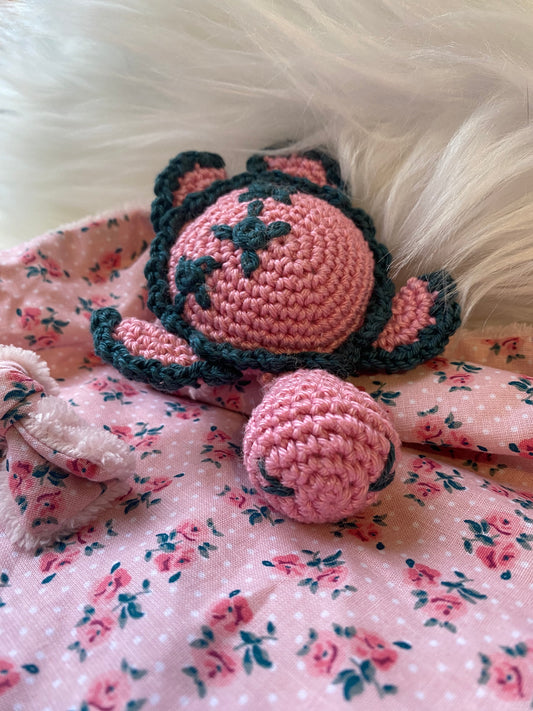 Doudou Tortue "Hortense", coton fleuri rose