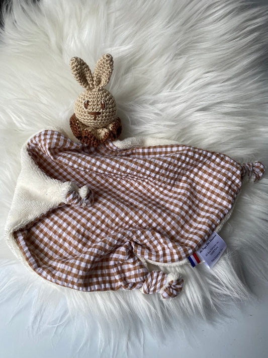 Doudou Lapin "COLLINE", vichy marron/beige