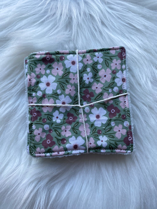 5 Lingettes fleuris vertes et roses