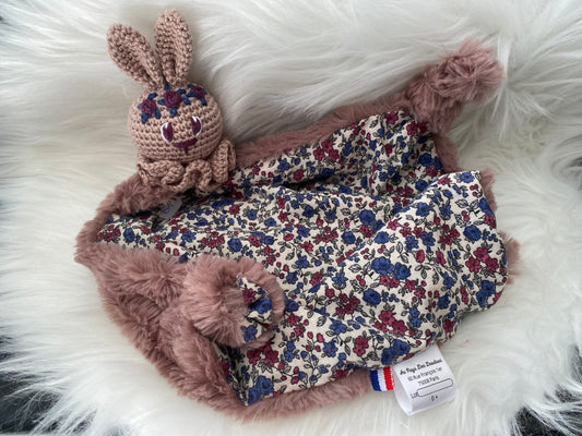 Doudou Lapin "COLLINE", fausse fourrure et coton fleuri