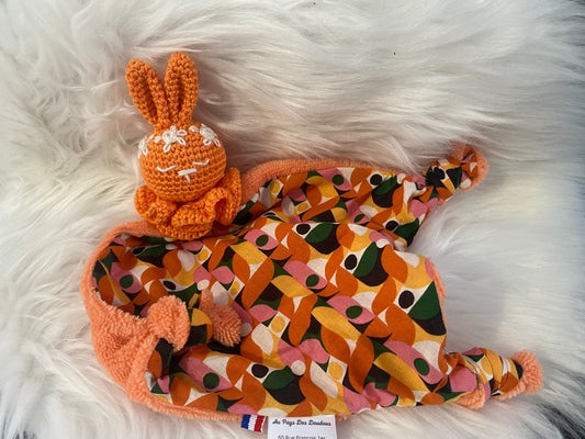 Doudou Lapin "COLLINE", coton et fibre de bambou orange vintage
