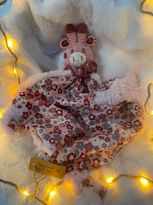 Doudou Girafe "LOUISON", vieux rose avec des fleurs