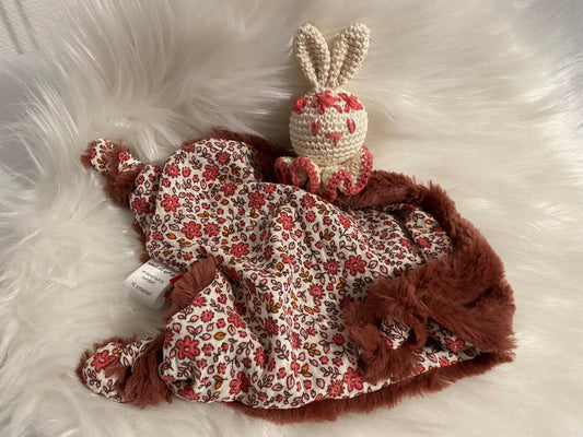 Doudou Lapin "COLLINE" fausse fourrure et coton fleuri