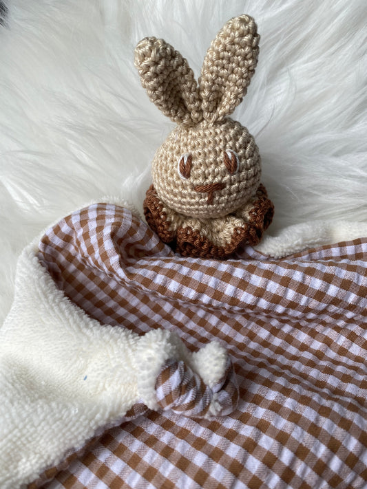 Doudou Lapin "COLLINE", vichy marron/beige