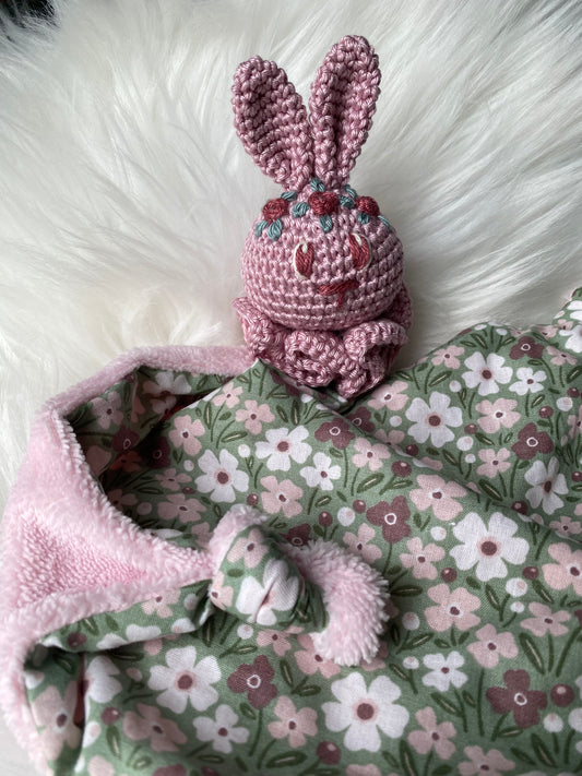 Doudou Lapin "COLLINE", fleuri vert et rose
