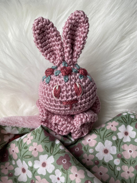 Doudou Lapin "COLLINE", fleuri vert et rose