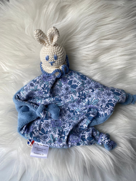 Doudou Lapin "COLLINE", bleu, fleuri